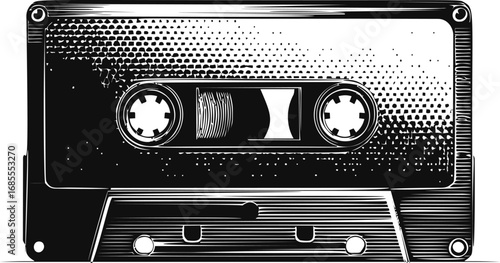 Vintage black and white illustration of a cassette tape with halftone shading. Vector illustration