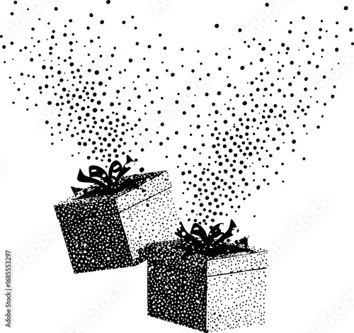 Two monochrome gift boxes with bows and scattered particles, vector art. Vector illustration