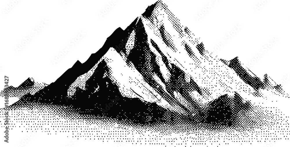 Obraz premium Monochrome mountain illustration using halftone dot shading technique. Vector illustration