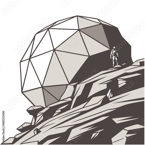 Lone astronaut stands on rocky terrain next to a massive geodesic dome structure