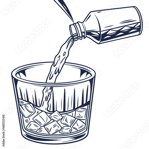 Line art illustration of pouring liquid from a bottle into a glass filled with ice cubes