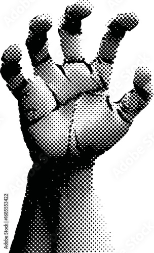Black and white halftone hand reaching upwards, pop art. Vector illustration