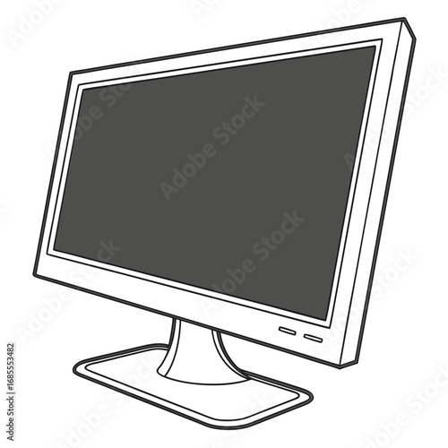 Modern flat screen computer monitor with a dark gray screen and a white frame on a stand