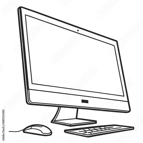 Modern all in one desktop computer with keyboard and mouse line art illustration
