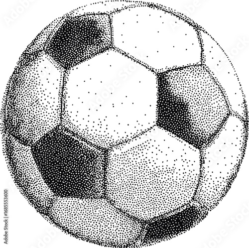 Detailed dotwork illustration of a classic soccer ball in black and white, print style. Vector illustration