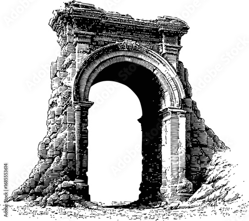 Ancient roman arch ruins in black and white with intricate stonework details. Vector illustration