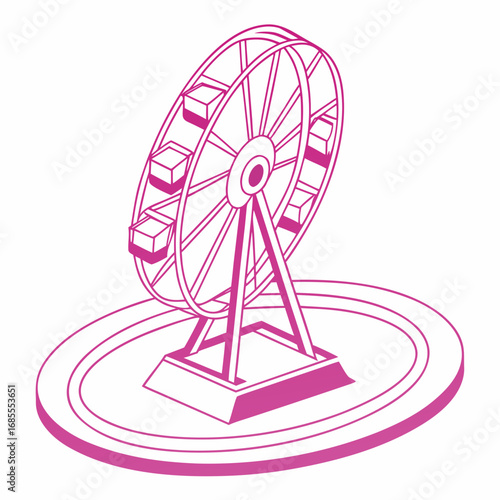 Pink line art isometric ferris wheel with gondolas on a white background