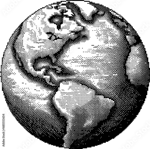 Pixelated black and white earth with detailed continents, digital art style. Vector illustration