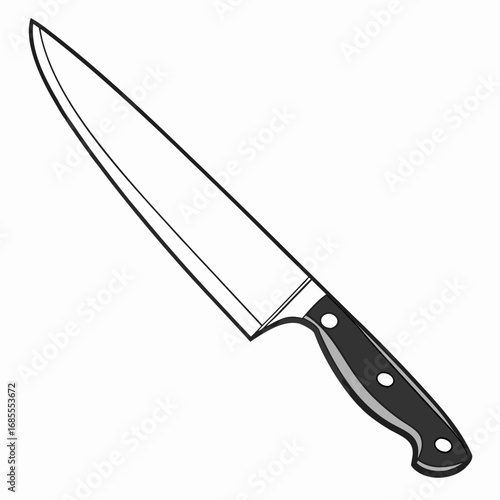 Sharp steel kitchen knife with black handle isolated on white background for culinary use