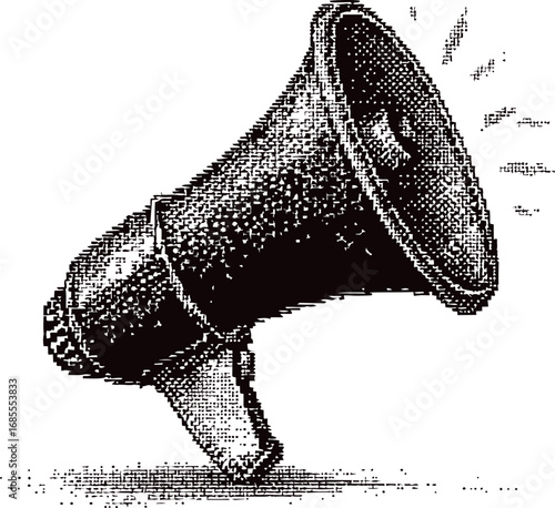 Retro black and white megaphone illustration with sound waves depicted. Vector illustration