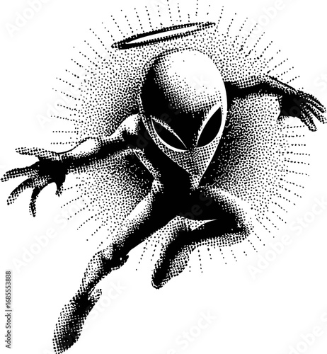 Alien character leaping forward with halo in black and white. Vector illustration