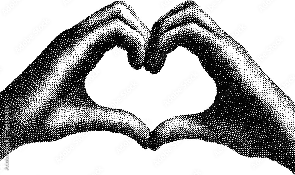 Obraz premium Hands forming a heart shape in stipple art, black and white illustration. Vector illustration