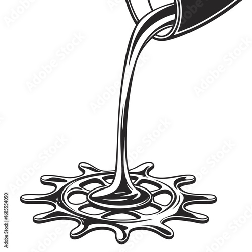 Viscous liquid pouring from a container onto a stylized gear shape creating a dynamic splash effect