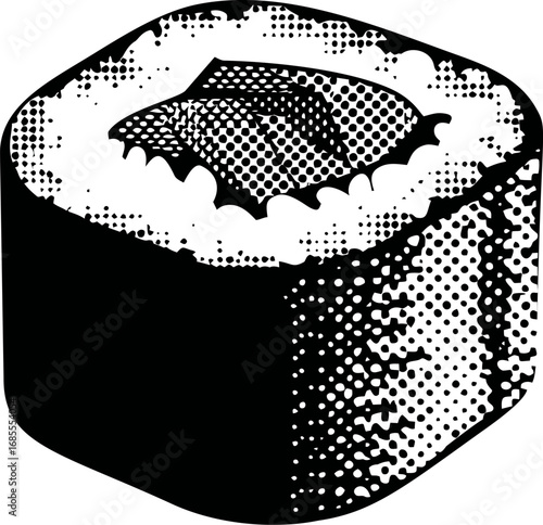 Black and white halftone sushi roll with nori and rice in pop art style. Vector illustration