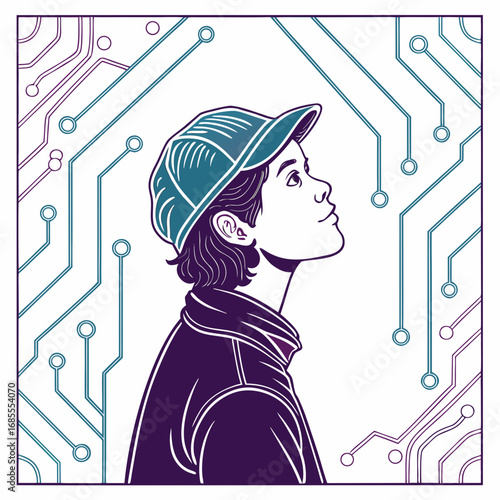 Young person wearing a baseball cap looks up thoughtfully amidst a digital circuit board pattern
