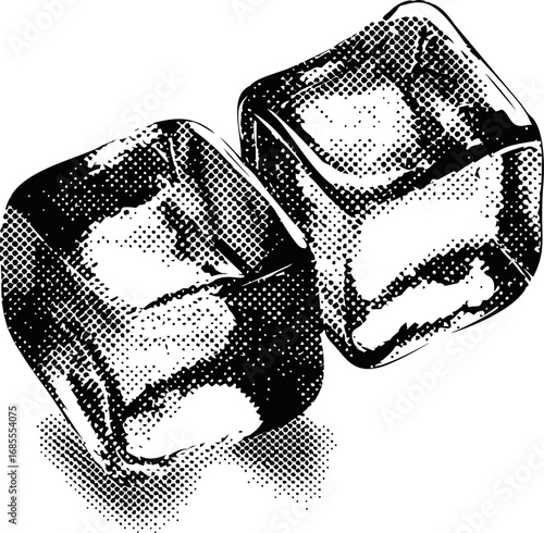Two halftone style ice cubes with dot pattern in black and white illustration. Vector illustration