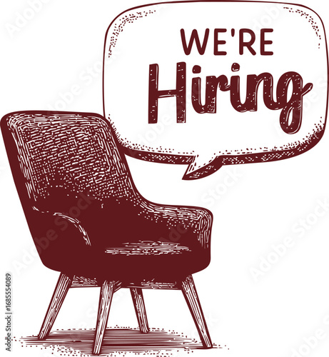 Retro style red chair with we're hiring in a speech bubble, vintage style. Vector illustration