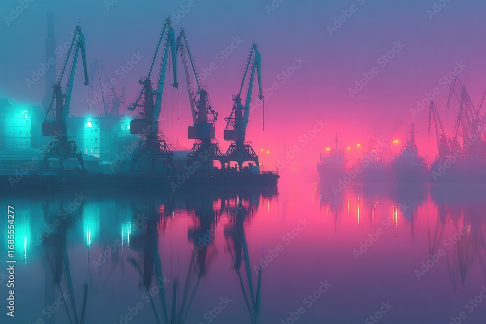 Obraz premium Foggy Port Scene with Cranes and Reflections in Colorful Lights