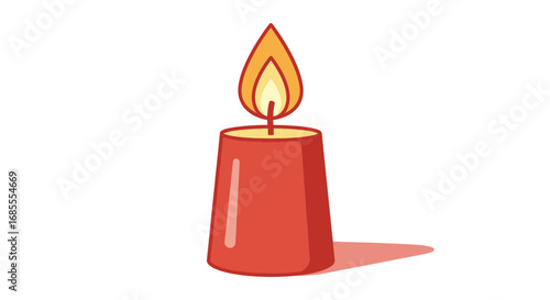 Single Red Candle with Lit Flame, Simple Illustration.