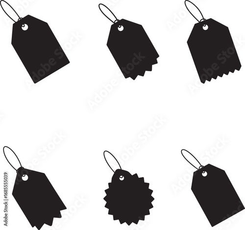 Black Silhouette Price Tags with Different Shapes on White Background