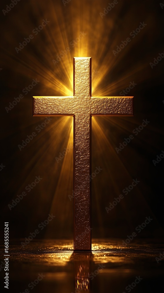 Naklejka premium Modern Religious Monument - Golden Cross with Radiant Light Rays on Dark Background A surreal modern city skyline with glowing religious symbolism, dramatic architecture, spirituality, hope, faith and