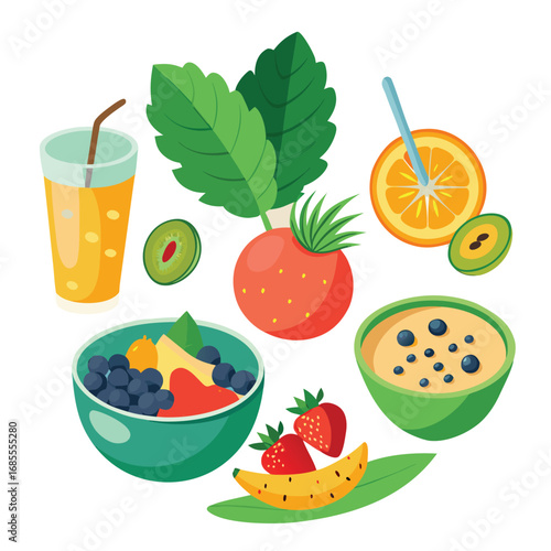 A fresh and healthy collection of fruits and vegetables, including apples, oranges, and strawberries, arranged for a nutritious diet
