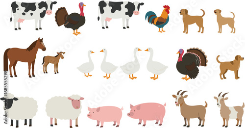 Collection of farm animal vector illustrations, cows, horses, pigs, goats, sheep, dogs, roosters, turkeys, geese, domestic livestock cartoon design for agriculture, farming, and educational projects