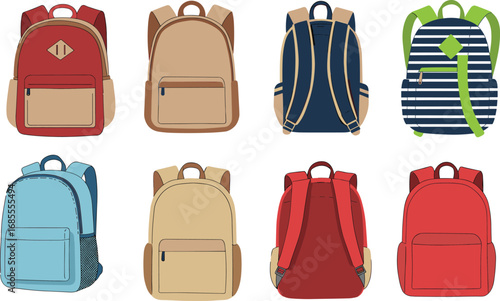 Collection of colorful backpack illustrations, school bags vector set, travel rucksack designs, student book bag graphics, modern casual backpack icons for fashion accessories