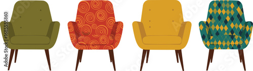 Modern armchair illustration, stylish furniture vector, colorful retro chairs, mid century design, interior decoration, home seating collection, contemporary living room decor graphic