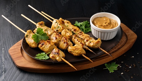 grilled chicken skewers served with peanut sauce garnished with herbs