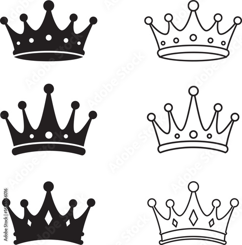 Crown Icon Set in Black and White Silhouette and Outline Style