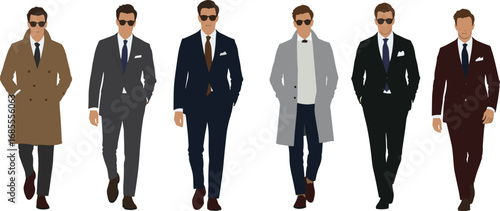 Elegant men fashion illustration, stylish male suits, business formal outfits, trench coat design, modern wardrobe, luxury clothing, professional attire vector illustration design