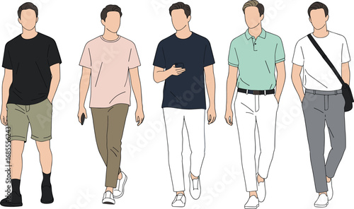 Casual men fashion illustration, modern male outfit collection, stylish everyday clothing, walking poses, trendy streetwear, summer apparel, relaxed vector design for men