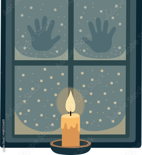 Flat vector illustration of a glowing candle on a snowy window sill with handprints on frosted glass, symbolizing warmth, hope, and coziness in cold winter nights.