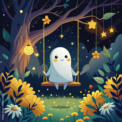 Halloween Cute owl sitting on a tree at night with snow and stars