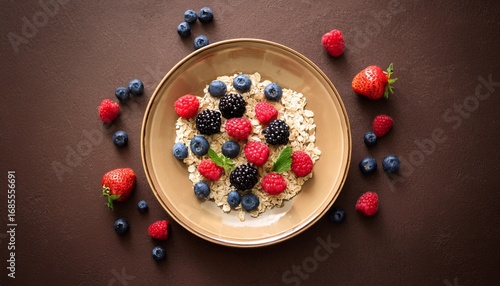 circular plate topped with a mix of fresh berries and oatmeal seen from above on a textured brown surface