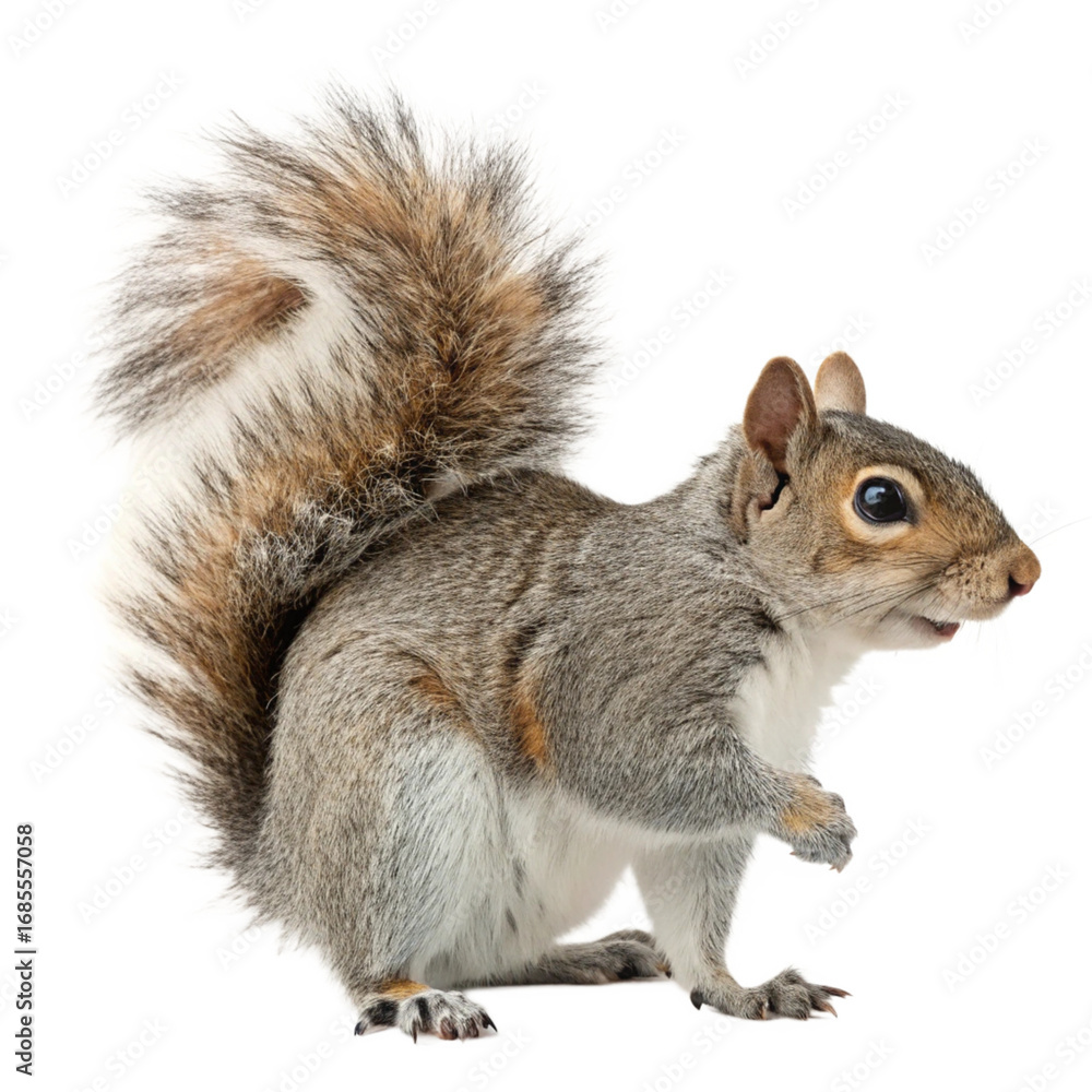 Obraz premium Gray Squirrel Standing Upright Isolated on White Background