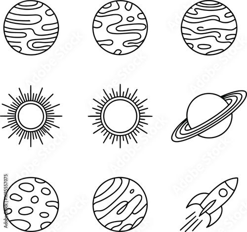 A Collection of Space Themed Outlined Illustrations Planets Suns and a Rocket Ready for Flight Exploring Outer Space