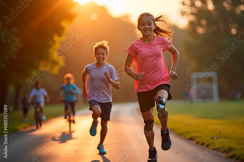 Fototapeta Naklejka Na Ścianę i Meble -  Kids Running on Path at Sunset