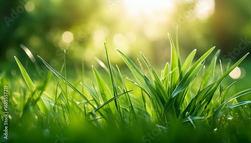 close up of fresh green grass blades illuminated by bright sunlight with a blurred bokeh background evoking a sense of warmth and nature