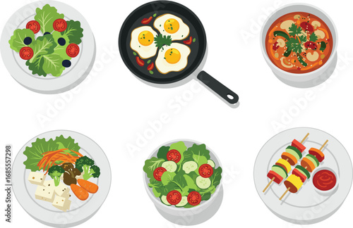 Healthy food vector illustration with fresh salad, fried eggs, vegetable soup, tofu with vegetables, cucumber salad, grilled vegetable skewers, plate and bowl meals