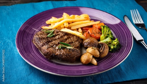 vibrant platter of cooked steak french fries roasted vegetables and mushrooms presented beautifully on a purple plate