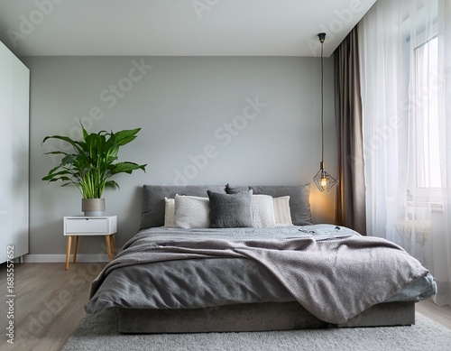 serene bedroom featuring cozy bed with soft gray bedding stylish nightstand and decorative plant minimalist design creates calming atmosphere perfect for relaxation