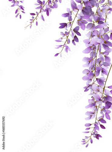 Purple wisteria blossoms cascade downward