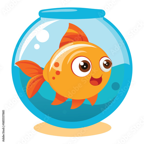 Cute, isolated goldfish swimming in a glass fishbowl with bubbles