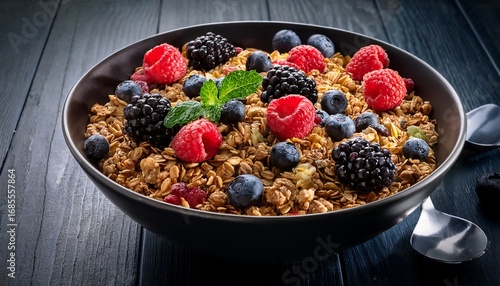 dark bowl brimming with granola and a variety of fresh berries the food is presented attractively and appears appetizing
