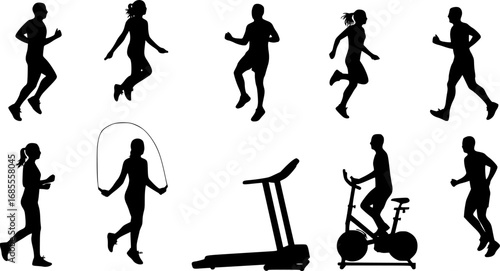 Silhouette illustrations of people exercising with jump ropes running on a treadmill and using exercise bike | editable eps vectors

