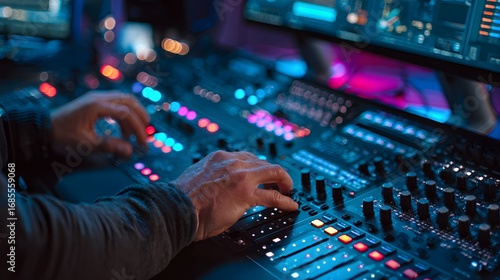 Sound engineer expertly mixing audio on complex console during live event production.