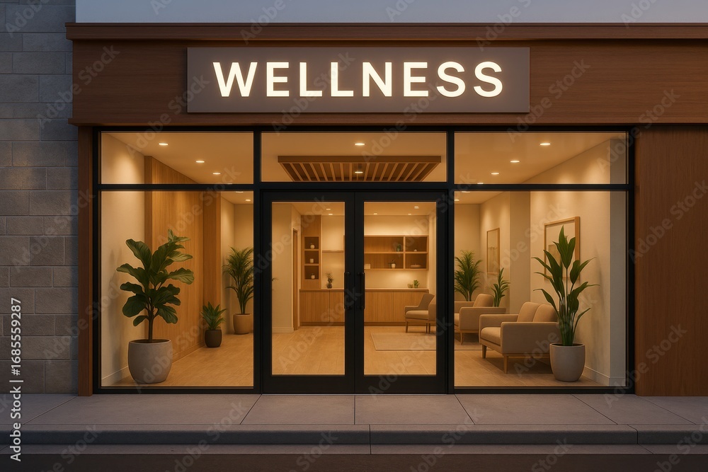 Obraz premium Modern wellness center storefront with full glass facade, bold “Wellness” sign above entrance