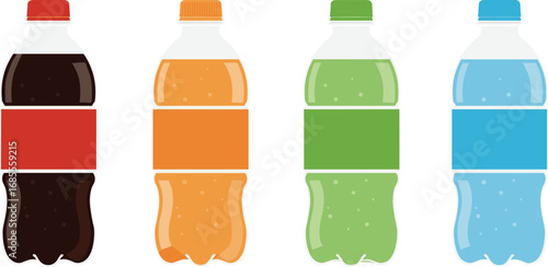 Vector illustration of colorful plastic soda bottles with red, orange, green, and blue labels, carbonated drink packaging, beverage container design, refreshment concept